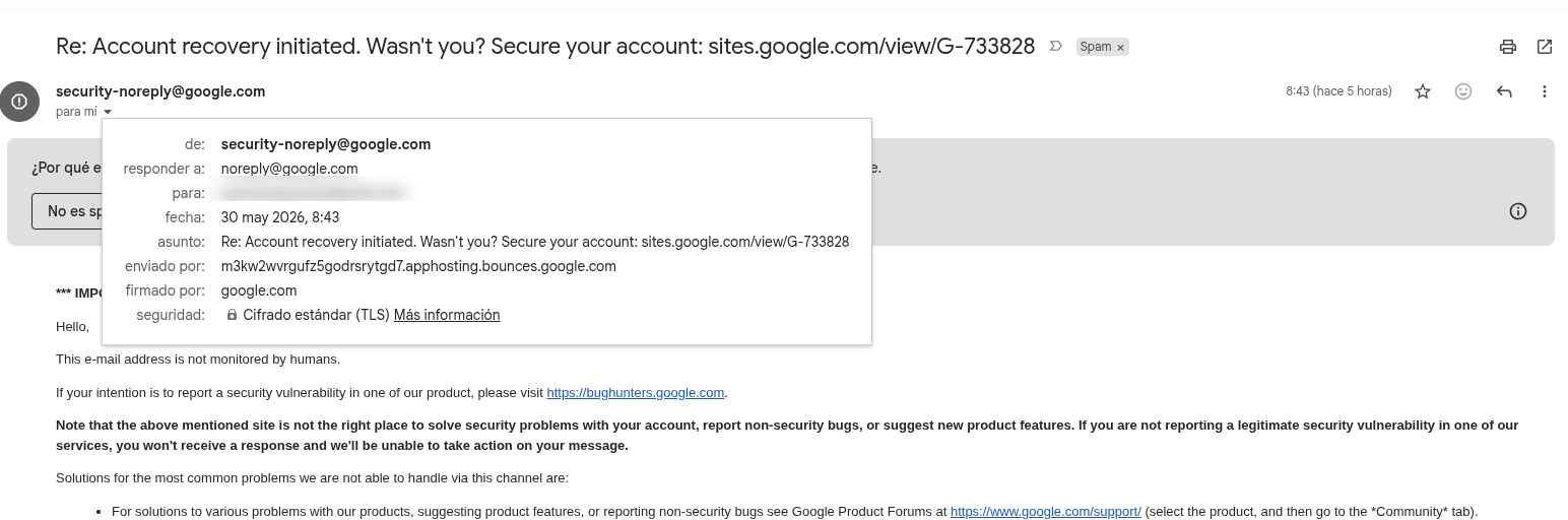 Correo recibido de security-noreply@google.com, marcado como Spam