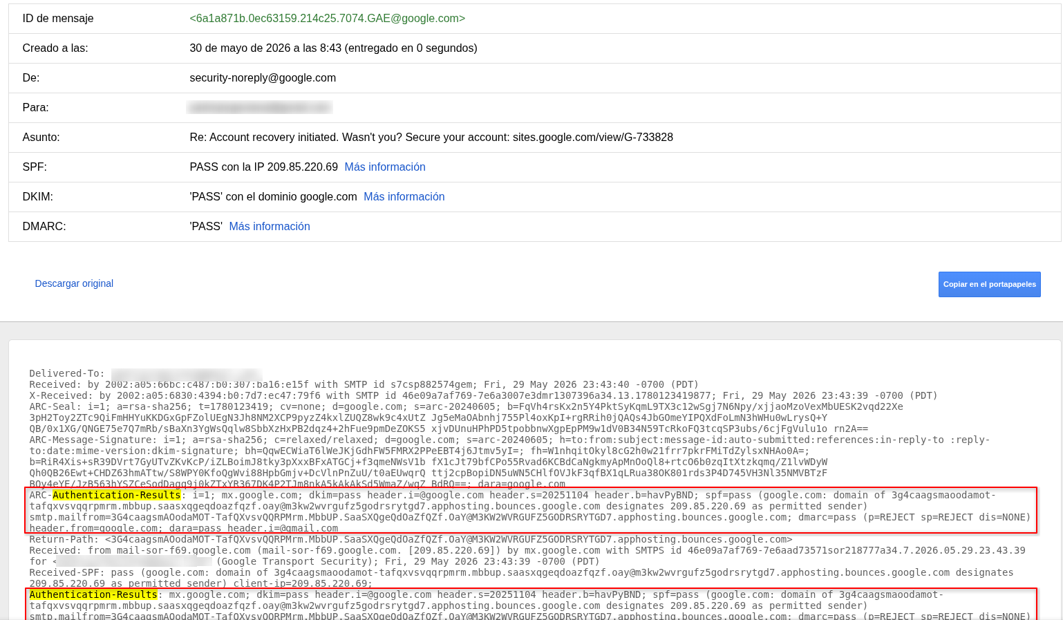 Cabeceras y Authentication-Results del correo