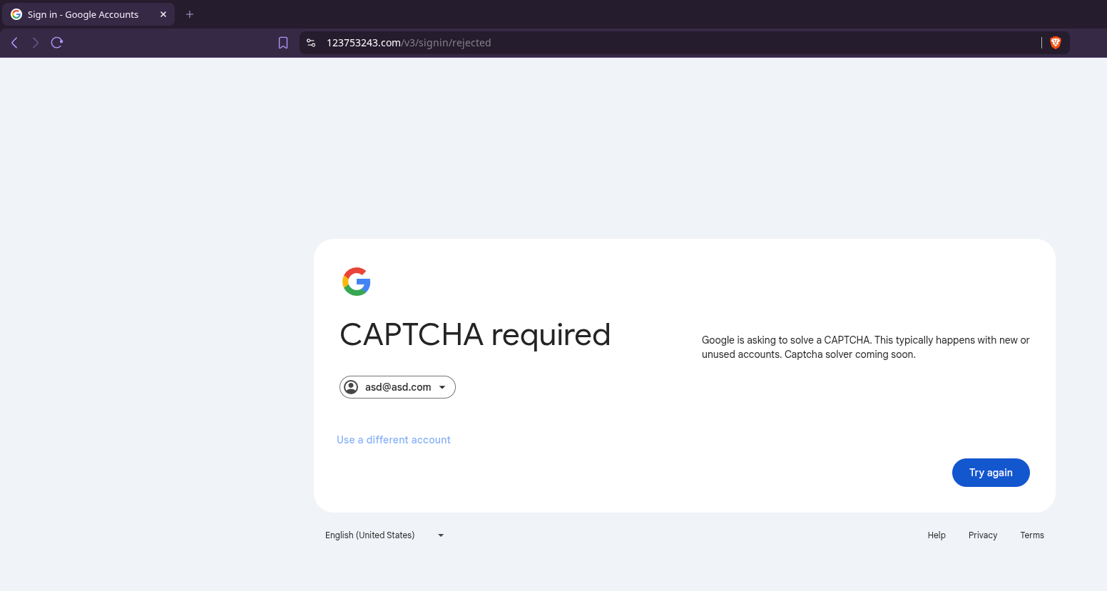 Pantalla de rechazo con el texto Captcha solver coming soon